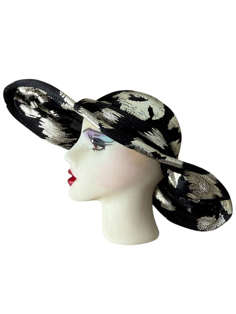 Vintage Woman Lady Face Profile Hat Brooch Hand Painted Art Deco Flapper Pin